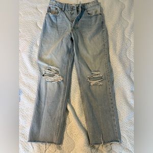 Zara light wash ripped high rise mom jeans, straight leg size 2